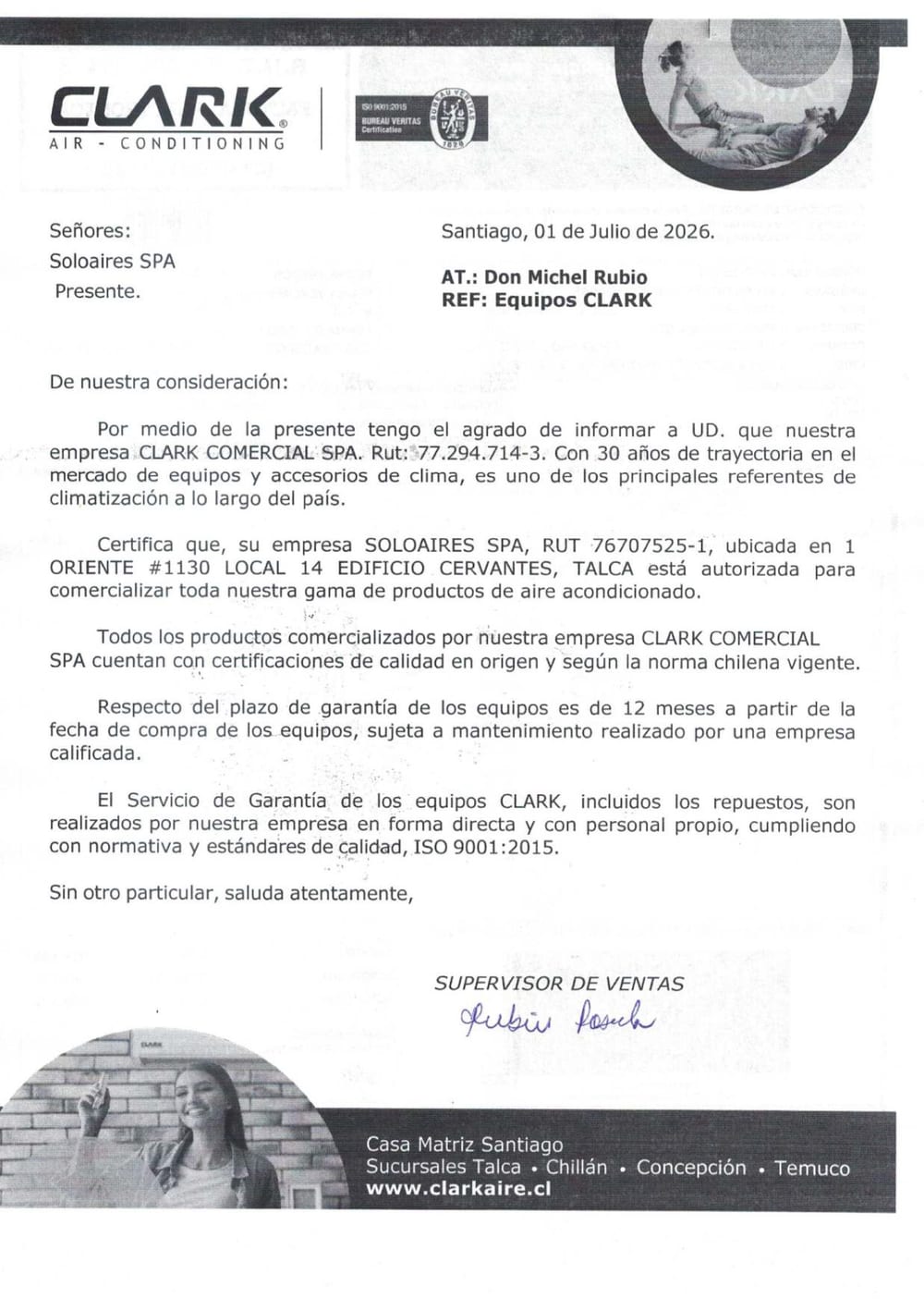 Certificado CLARK a nombre de Soloaire SpA