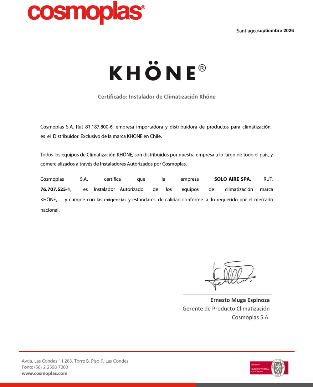 Certificado de instalador autorizado KHÖNE a nombre de Solo Aire SpA