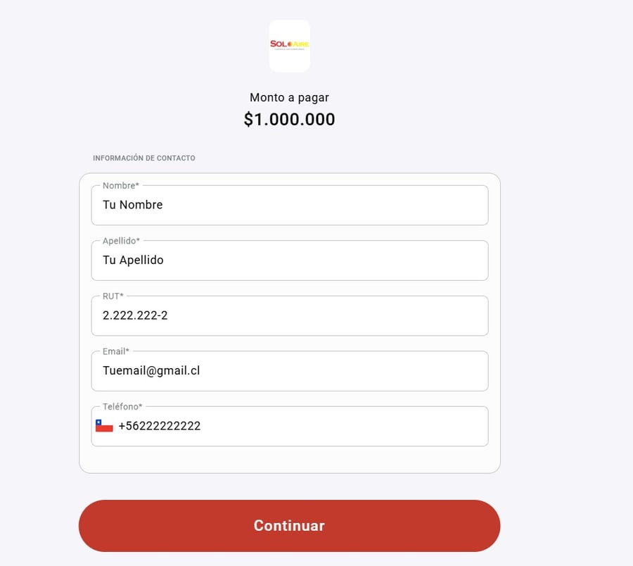 Formulario del portal de pago con los campos de nombre, apellido, RUT, correo y teléfono