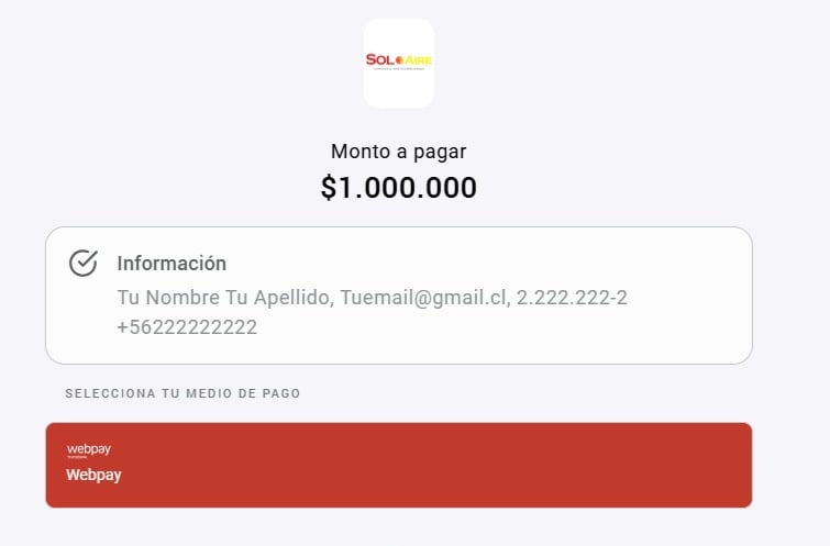 Pantalla de confirmación del portal con el resumen de datos y la opción de pago Webpay